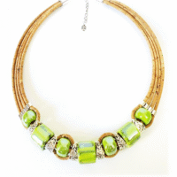 Cork Necklace with 3 towers,  green ceramic