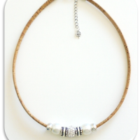 Collier single en liège, perle & Strass