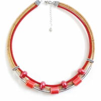 Cork necklace, red ceramic