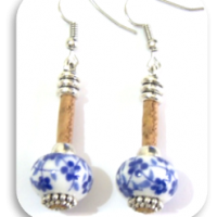 Ceramic cork earrings with blue flowers
