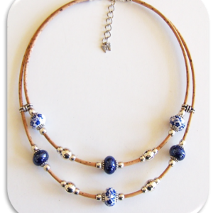 Cork necklace Floral & blue ceramic