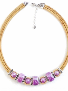 Collier en liège,céramique mauve