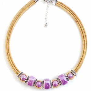 Collier en liège,céramique mauve