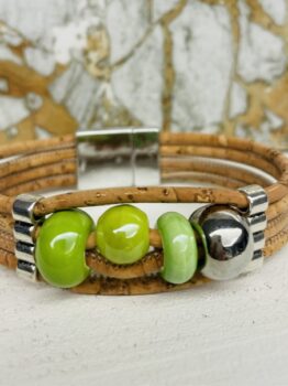 Bracelet  liège,céramiques verte