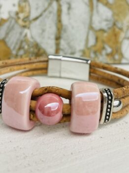 Bracelet en liège,céramiques rose