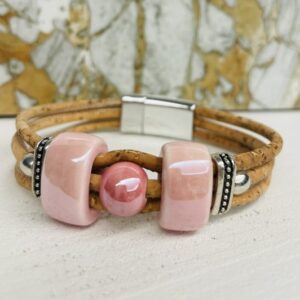 Bracelet en liège,céramiques rose