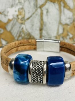 Bracelet en liège naturel triple tours, céramique bleu