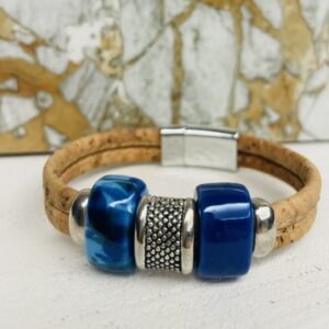 Bracelet en liège naturel triple tours, céramique bleu