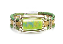 Cork bracelet, triple towers green ceramic
