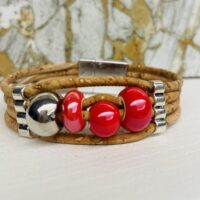 Bracelet en liège, boules céramiques rouge