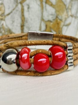 Bracelet en liège, boules céramiques rouge