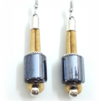 Long cork earrings, black ceramic